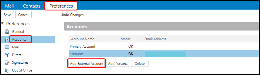 How to configure external email account inside Zimbra Webmail